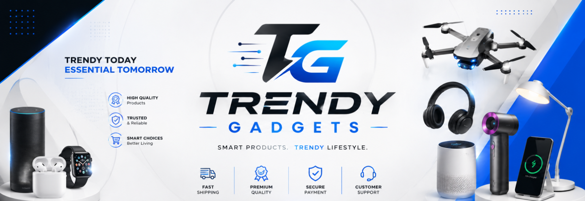 Promotional banner for Trendy Gadgets with various electronic products and branding elements.
